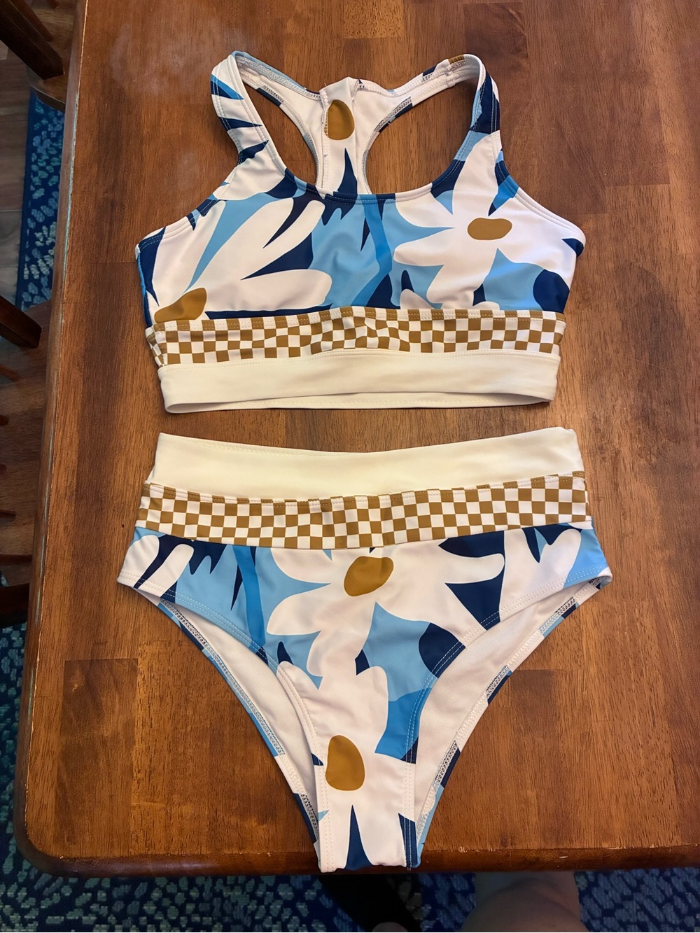 Women’s small floral High-Waist Two-Piece Swim Set in Blue and White NEW